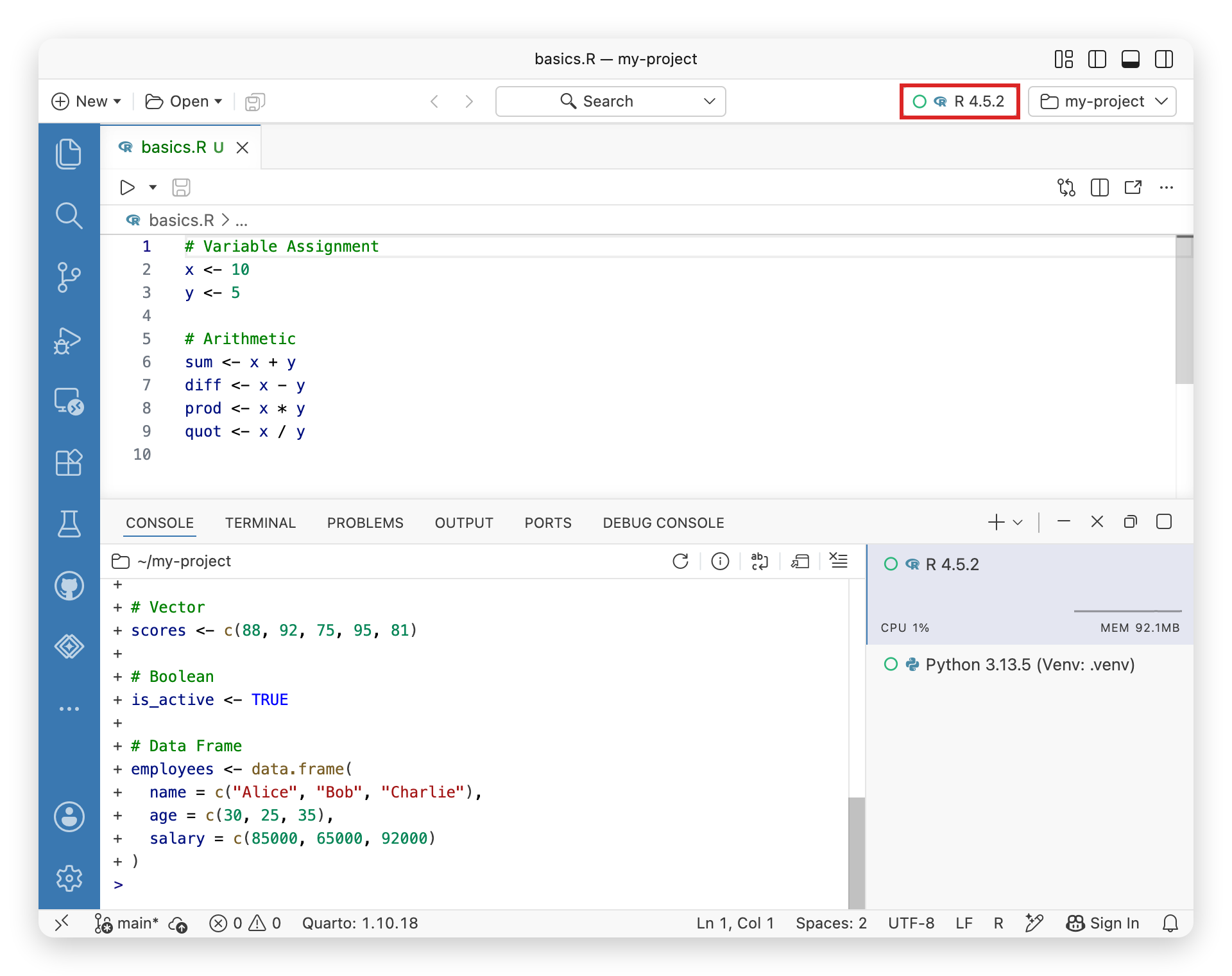 Positron IDE with a red square around the interpreter picker. R 4.5.2 is the active console session and is highlighted in the Console pane.