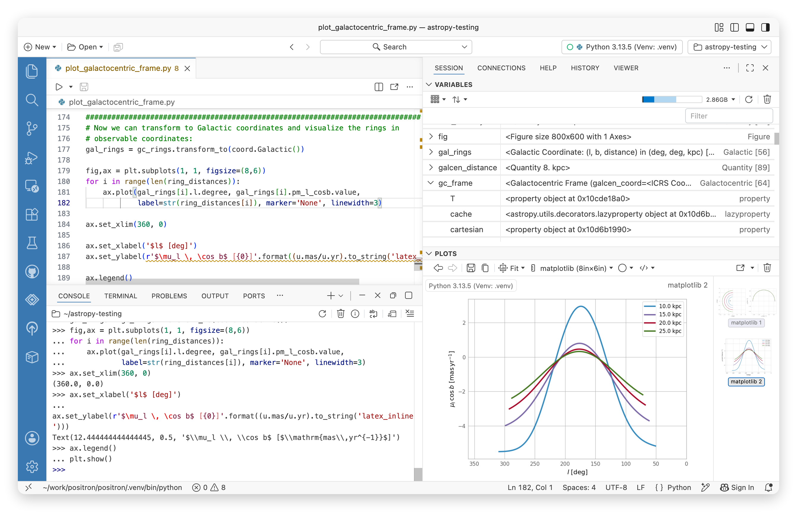 Positron IDE showing Python code for astronomical data visualization with a galactic coordinate plot and Variables pane displaying data objects.