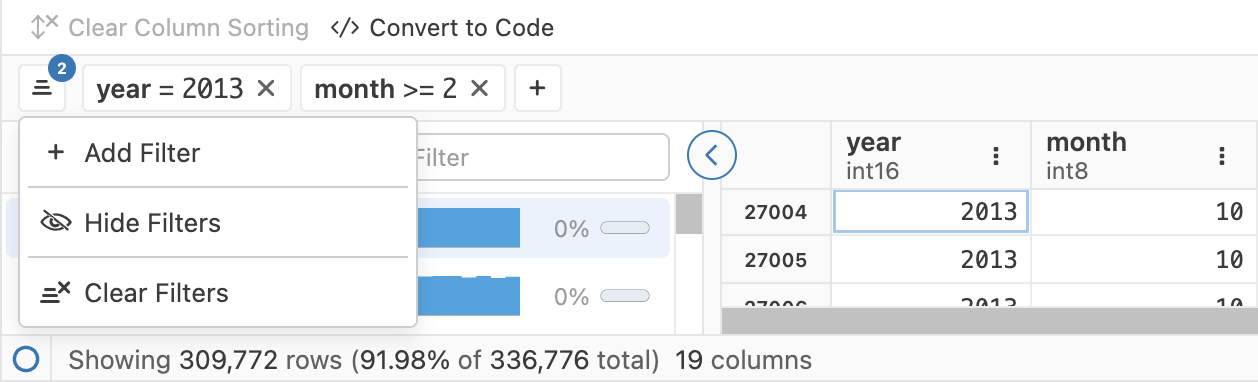 Data explorer with active filters: 'year = 2013' and 'month >= 2.' Displays 309,772 rows of data across 19 columns. Options visible include 'Add Filter', 'Hide Filters', 'Clear Filters', 'Clear Column Sorting', and 'Convert to Code'. A summary below indicates a large data set.