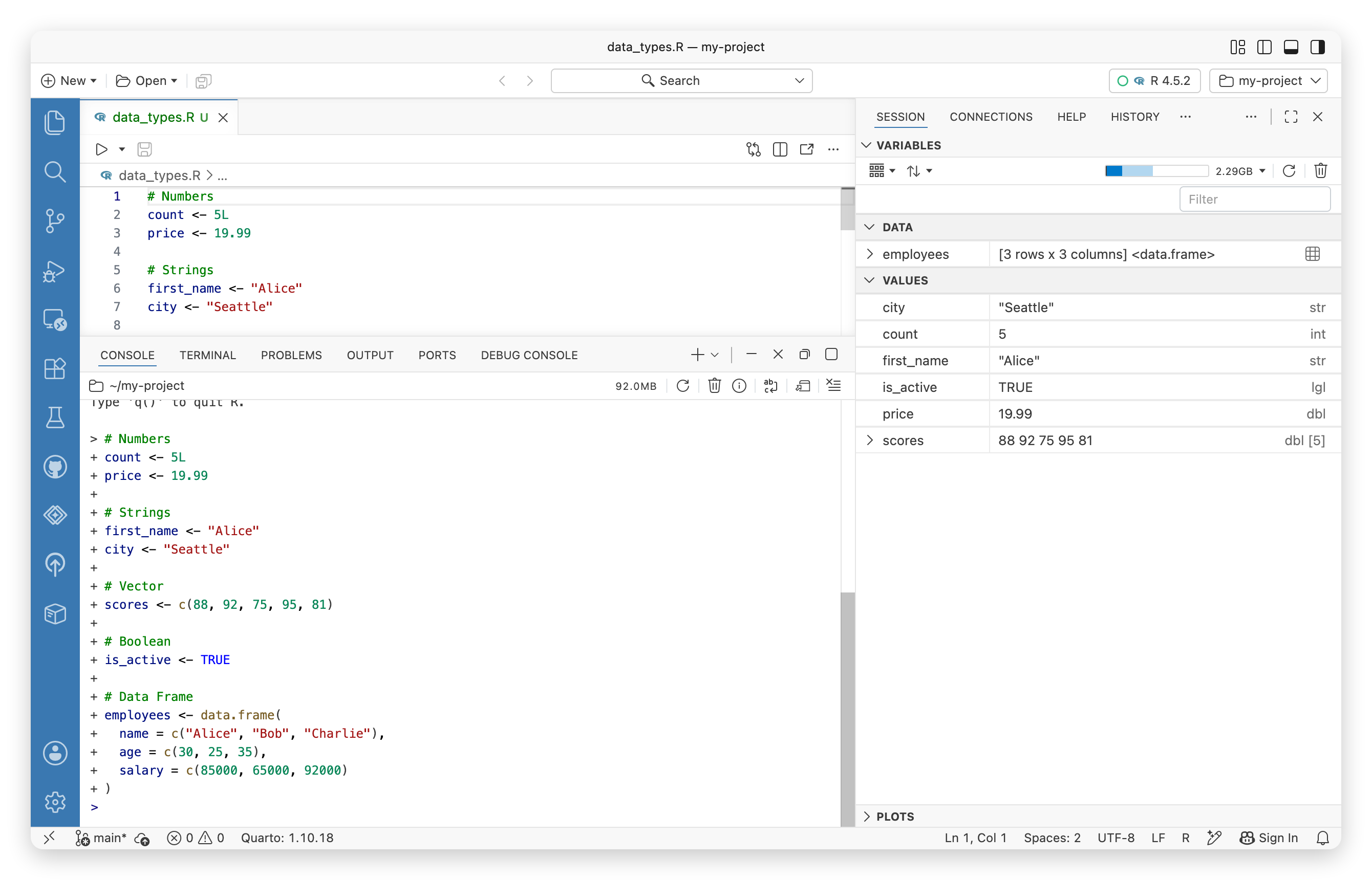 Variables pane showing a list of variables including data frames, values like numbers and strings with R 4.5.2 interpreter active.